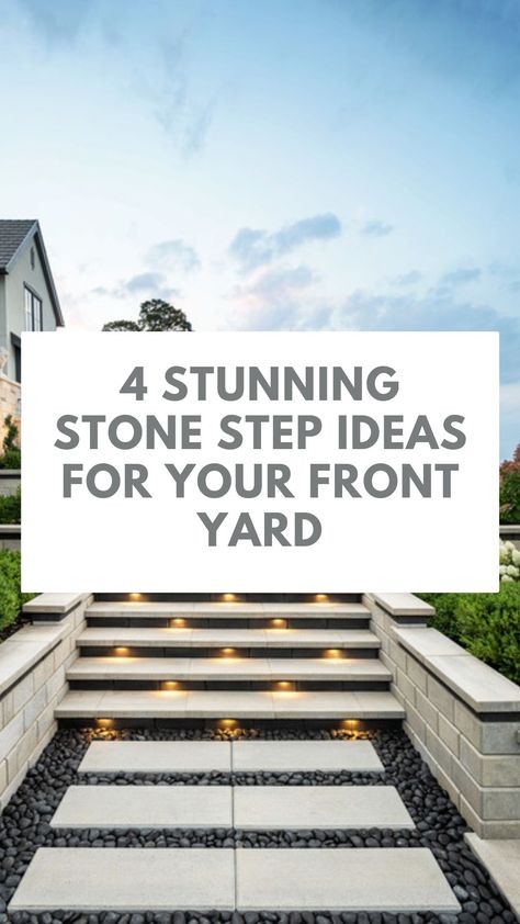 Discover 4 stunning stone step ideas to elevate your front yard! Stone Front Steps Entrance, Steep Front Yard Landscaping, Front Garden Steps, Entry Steps Outdoor, Wide Front Porch Steps, Front Door Steps Ideas Entrance Stairs, Front Yard Deck Ideas Entrance, Stone Steps Front Door, Patio With Steps Down From House