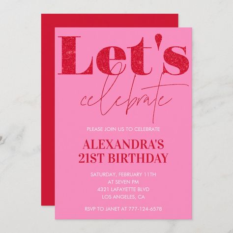 21st birthday invitations Bold Typography Pink Red 18th Birthday Invites, 65th Birthday Invitations, 75th Birthday Invitations, 10th Birthday Invitation, 13th Birthday Invitations, New Years Eve Invitations, 90th Birthday Invitations, Birthday Invitation Pink, 70th Birthday Invitations