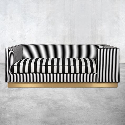 Goldfinger Loveseat Sofa in Black and White Stripes Black And White Sofa, Fur Furniture, Curved Interior, Hanging Curtain Rods, Contemporary Couches, Printed Sofa, Stripes Fabric, Woven Pillows, Modern Sofas