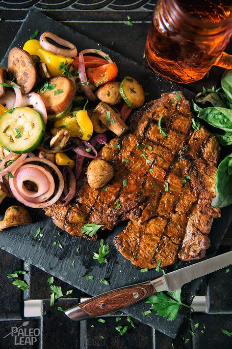 Grilled T-Bone With Grilled Vegetable Salad #paleo Vegetable Salad Ingredients, Grilled T Bone Steak, Grilled Vegetable Salad, Parsnip Fries, Grilled Vegetable Salads, Glazed Sweet Potatoes, Vegetable Salad Recipes, Red Meat Recipes, T Bone Steak