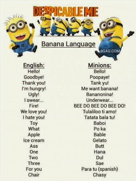 Minion I Love You, Minion Language, Banana Quotes, Banana Language, Funny Minions Quotes, Banana Meme, Minion Banana, Lilo And Stitch Quotes, Minion Party