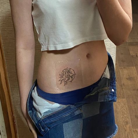 Moon Tattoo Stomach, Tattoo Sun And Moon, Tattoo Stomach, Lower Stomach Tattoos, Tattoo Sun, Lower Stomach, Sun Tattoos, Stomach Tattoos, Sun And Moon