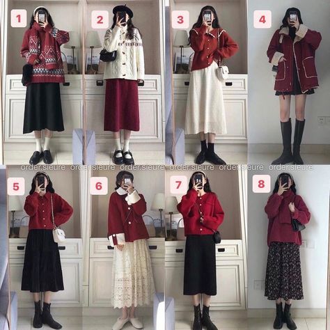 Outfit Baju Merah, Christmas Korean Outfit, Black And Maroon Outfit, Maroon And Black Outfit, Beige And Red Outfit, Red Hijab Outfit, Maroon Outfit Ideas, Red Outfit Korean, Korean Christmas Outfit