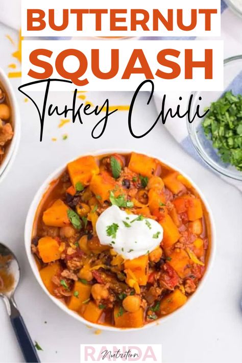 This butternut squash chili recipe is healthy comfort food that is a new fall favorite. Made with ground turkey, chickpeas, black beans, and other whole food ingredients, this chili is not only packed full of fiber but protein too. | High protien dinner recipes | high protien chili | healthy chili recipe | butternut squash recipes | healthy turkey chili recipe | easy turkey chili recipe | butternut squash chili recipe | how to use a butternut squash #healthychilirecipe #healthydinnerrecipes Easy Ground Turkey Recipes, Butternut Squash Turkey, Squash Chili Recipe, Butternut Squash Chili Recipe, Healthy Skillet, Easy Fall Dinner, Easy Fall Dinner Recipes, Squash Chili, Ground Turkey Recipes Easy