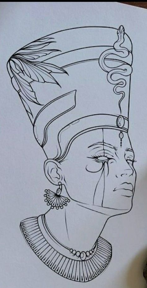 Nefertiti Tattoo Stencil, Ma’at Tattoo Design, Egyptian Drawing Pencil, Pharoah Egyptian Drawing, Egyptian Tattoo Stencil, Nefertiti Illustration, Egyptian Sketch, Tattoos Egypt, Egypt Sketch