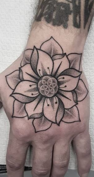 Lotus Flower Head Tattoo, Tattoo Flowers Hand, Men Lotus Flower Tattoo, Flowers Tattoo Designs For Men, Flower Tattoo Hand Men, American Traditional Lotus Flower Tattoo, Small Guy Tattoos Ideas For Men, Lotus Flower Elbow Tattoo, Hand Tattoos Lotus Flower