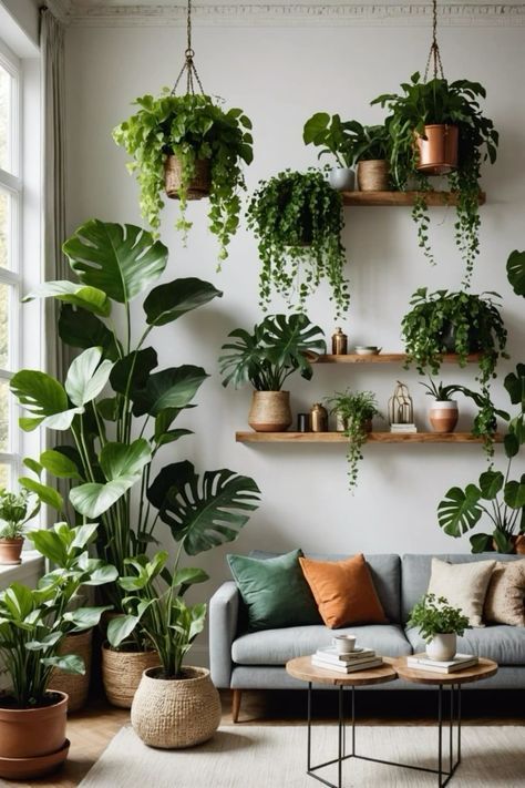 Wall With Shelves And Plants, Lots Of Plants Living Room, Green Oasis Interior, Plant Filled Home, Natural Minimalist Living Room, Hanging Plants Living Room, Earthy Minimalist Living Room, Plant Wall Living Room, Plant Arrangements Indoor