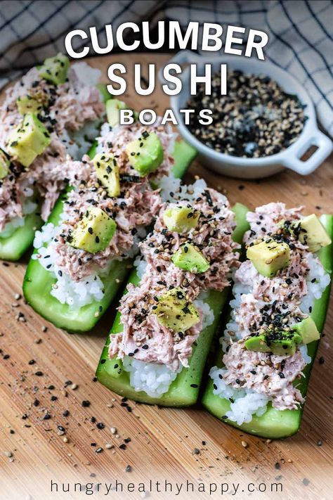 Skip the hassle of making sushi rolls and try these Cucumber Sushi Boats instead. A quick and easy lunch or appetiser with a twist. Cucumber Sushi Boats, Sushi Boats, Sushi Dinner Party, Healthy Bbq Recipes, Cucumber Sushi Rolls, Sushi Fillings, Cucumber Sushi, Making Sushi, Clean Lunches