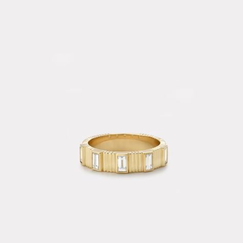 Pleated Five Stone Band - Baguette Cut Diamonds – Retrouvai | Modern Heirlooms Baguette Band, Baguette Wedding Band, Modern Wedding Band, Bezel Jewelry, Custom Wedding Band, Baguette Cut Diamond, Put A Ring On It, Pink Ring, Baguette Cut