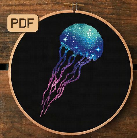 Jellyfish Cross Stitch, Galaxy Cross Stitch, Funny Needlepoint, Galaxy Cross, Sea Jellies, Funny Embroidery, Xstitch Patterns, Funny Cross Stitch Patterns, Subversive Cross Stitch