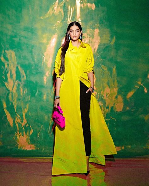 Bollywood actress, Sonam Kapoor is indeed a fashion queen. She is counted amongst some of the most bankable actresses in the industry whose wardrobe collection is a dream for many. From luxurious ensembles and accessories, including bags, shoes, and jewellery, to all other styling elements, Sonam has an array of collections in her wardrobe. Now, recently, as she stunned in a striking yellow shirt dress, she was seen giving tough competition to Hollywood actress, Anna Hathaway.    Sonam K White Pumps Heels, Yellow Shirt Dress, Valentino Shirt, White Pump, Tiny Clothes, Fashion Queen, Beautiful Pakistani Dresses, Yellow Shirt, Sonam Kapoor