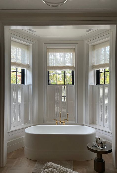 Window Less Bathroom, Bathtub By Window, Bathroom Curtain Ideas Window Bath, Shower Window, Window Shadow, New House Bathroom, Window In Shower, Timeless Interiors, Powder Room Design