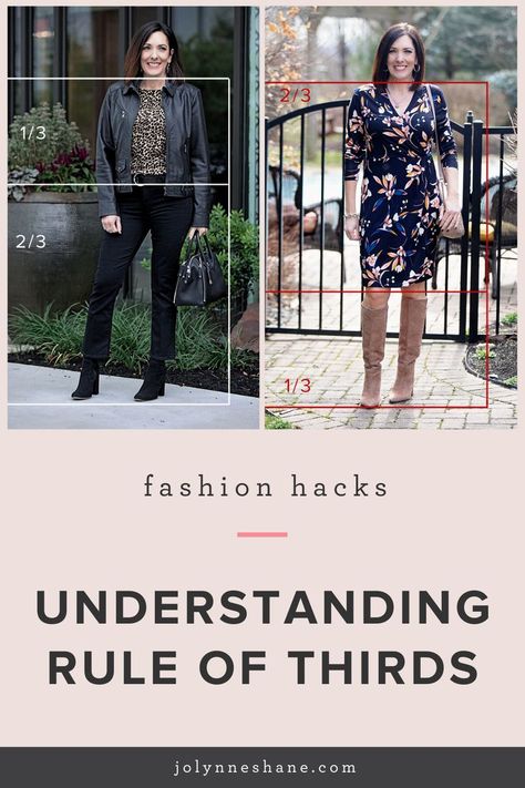 Fashion Tips: Understanding the Rule of Thirds There’s a concept called Rule of Thirds that will help you put together more flattering outfits almost instantly. No matter how cute the individual pieces are, if the proportion of your outfit is off, it may look frumpy or unflattering. Here’s how to fix it, using the rule of thirds. Two Thirds Clothing, Rule Of Thirds Clothing, Fashion Rule Of Thirds, Short Curvy Women Fashion, Modest Mom, Basics Wardrobe, The Rule Of Thirds, Jolynne Shane, Outfit Tips