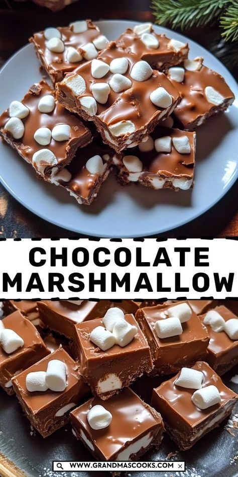 These Chocolate Marshmallow Squares are the ultimate indulgence—rich, chocolatey, and filled with gooey marshmallows. The perfect bite-sized treat for any occasion! Homemade Marshmallow Flavors, Chocolate Marshmallow Dessert, What To Make With Marshmallows, Marshmallow Recipe Desserts, Chocolate Marshmallow Squares, Marshmallow Dessert Recipes, Marshmallow Ideas, Marshmallow Squares, Marshmallow Desserts