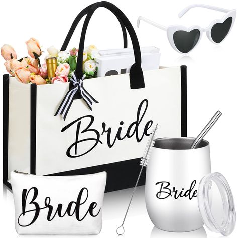 PRICES MAY VARY. Delicate Wedding Sets: you will receive 4 pieces of wedding day gifts for bride, including 1 piece of bride tote bag and 1 bride cosmetic bag, 1 piece of stainless steel bride tumbler cup with lid straw and brush, 1 pair of white heart shaped eyeglasses, the nice combination can certainly meet your needs for wedding Size Information: this bride gift bag is about 16.93 x 11.81 x 7.87 inches/ 43 x 30 x 20 cm, makeup bag is about 7.87 x 7.87 x 2.76 inches/ 20 x 20 x 7 cm, this brid Bride Tumbler Cup, Bridal Gifts For Bride, Bridal Shower Gift Bags, Bride Gift Bags, Bride Sunglasses, Bride Makeup Bag, Bride Cup, Bride Tumbler, Gifts For Bride