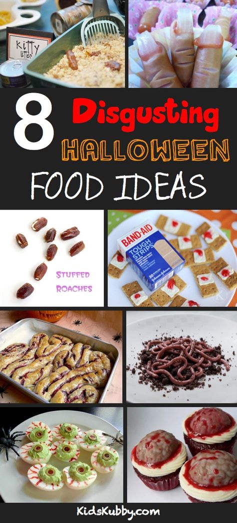 starting to plan our annual halloween dinner...Really gross Halloween food ideas. Must try the band-aids... Made the kitty litter cake once. It's wonderfully creepy but yummy at the same time! Gross Foods For Halloween, Disgusting Halloween Food Ideas, Halloween Body Food Table, Gross Halloween Appetizers, Halloween Body Part Food Ideas, Edible Intestines Halloween, Gross Looking Food, Zombie Food Party Ideas, Halloween Food Gross