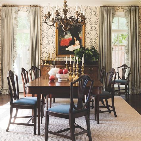 Southern Interior, Decorate Lampshade, Chippendale Chairs, Scenic Wallpaper, English House, Southern Living, Breakfast Room, Room Colors, Cool Lighting