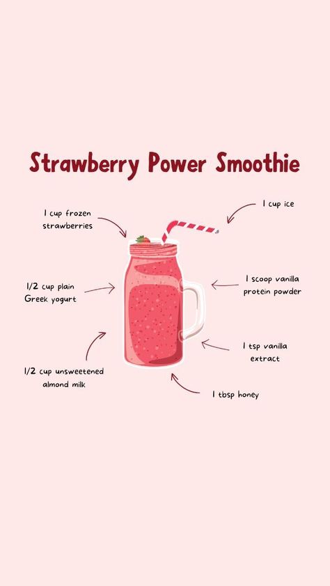 strawberry power smoothie Smoothie Recipes For Picky Eaters, Healthy Strawberry Refresher, How To Make Strawberry Smoothie, Preppy Smoothie Recipes, How To Make A Strawberry Smoothie, Smoothie Recipes With Strawberries, Strawberry Smoothie No Banana, Yummy Breakfast Ideas Healthy, Strawberry Smoothie Recipe Healthy