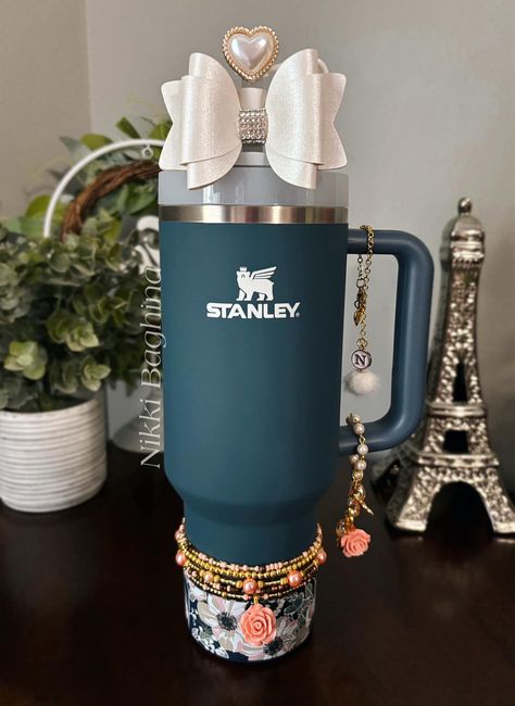 Decorate Stanley Tumbler, Decorated Stanley Cup, Stanley Cup Ideas, Blinged Out Stanley Cup, Stanley Cup Aesthetic Accessories, Bedazzled Stanley Cup, Stanley Cup With Accessories, Stanley Cup Aesthetic, Bloxburg Food Decals