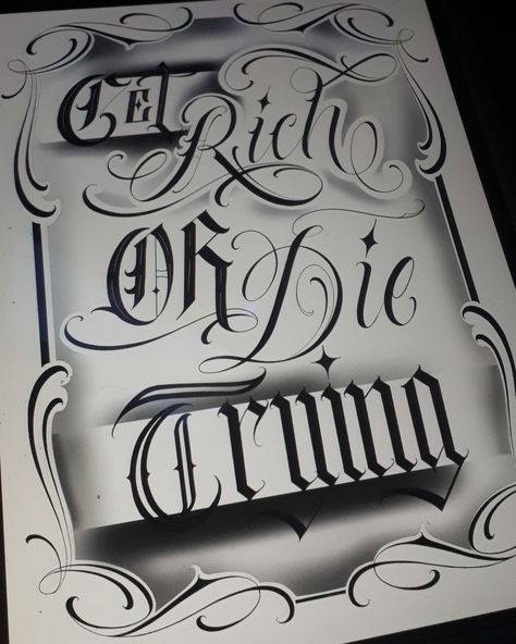 Get rich or die trying Get Rich Or Die Trying Tattoo Stencil, Get Rich Or Die Trying Tattoo Design, Rich Tattoo Design, Die Trying Tattoo, Risk Rich Tattoo, Trying Tattoo, Get Rich Or Die Trying Tattoo, Rich Tattoo, Lettering Chicano