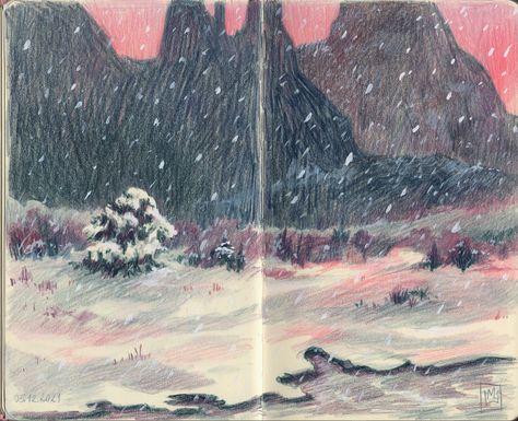 Artist: marjaz favorite spread in my sketchbook coloured pencils, white gouache, sketchbook, sketch, landscape, winter, snow Winter Sketchbook, White Colored Pencil, Gouache Sketchbook, Sketch Landscape, Snow Illustration, Landscape Winter, White Gouache, Pencil Artwork, Colored Pencil Artwork