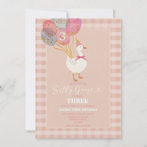 Pink Little Silly Goose Balloons Girl 3rd Birthday Invitation Third Birthday Theme Ideas, Three Year Old Birthday Party Theme, Vintage Pink Birthday, Three Birthday Theme, 3 Birthday Theme, 3rd Birthday Themes, Third Birthday Theme, Birthday Invitations Pink, 3rd Birthday Invitation