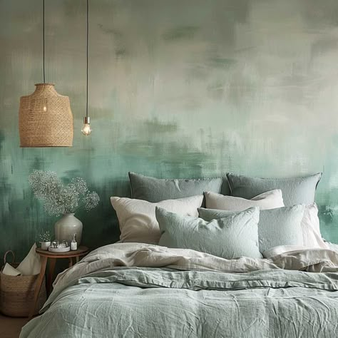 Romantic Accent Wall Bedroom, Painting Bedroom Wall Ideas Small Rooms, Bedroom Painting Design, Green Ombre Wall Paint, Ombre Accent Wall Bedroom, Statement Wall Paint Ideas, Ombre Bedroom Wall, Bedroom Wall Ideas Paint, Statement Bedroom Wall