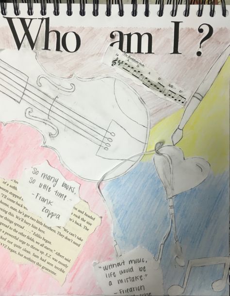 Visual Journals #1 - Intro Art - "Who Am I" - NGHS Room 406 Title Page Art, Visual Journals, Visual Journal, Who Am I, Visual Diary, Title Page, Journal Pages, Art Classes, Book Cover