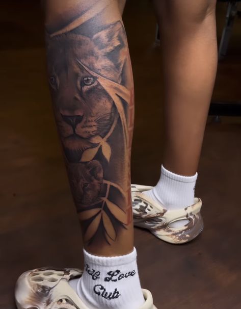 Leg Quarter Sleeve Tattoo, Men Leg Tattoo Ideas Design, Unique Leg Tattoos, Lower Leg Tattoos Women, Women Calves Tattoo, Lion Leg Tattoo, Calf Sleeve Tattoo, Calf Tattoo Ideas, Simple Leg Tattoos