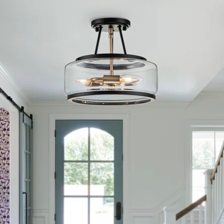 Longshore Tides 3 - Light Glass Drum Semi Flush Mount Light | Wayfair Entry Way Hallway, Entryway Light Fixtures, Semi Flush Mount Light, Living Room Entry, Industrial Style Lighting, Black Lantern, Entryway Lighting, Light Decor, Foyer Lighting