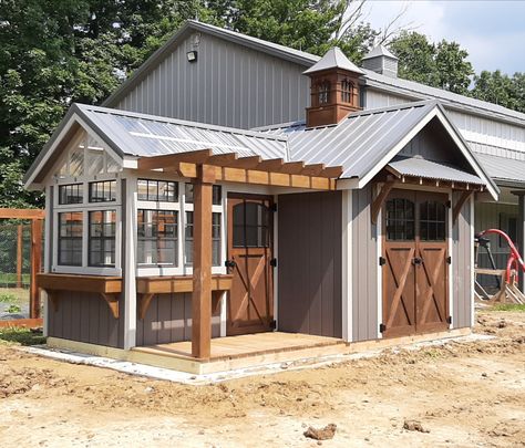 Modern Farmhouse Garden Shed, Galvanized Shed Ideas, Outdoor Shed With Porch, Shed With Deck Patio, Shed With Covered Porch, Large Garden Shed, Shed With Pergola Attached, Garden Shed With Pergola, Houses Design Ideas