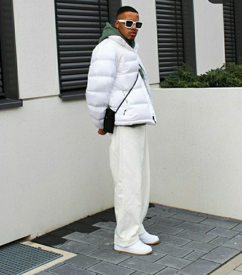 White Winter Outfits Men, White Puffer Jacket Outfit Men, White Puffer Outfit, White Puffer Jacket Outfit, Puffer Jacket Outfit Men, Puffer Jacket Outfits, Puffer Outfit, White Puffer Jacket, Puffer Jacket Outfit