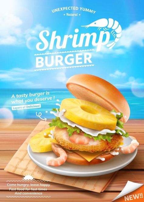 Shrimp burger ads on summer ocean background in 3d illustration Seafood Advertising, Summer Ads, Burger Ads, Summer Burger, Summer Burgers, Background Ocean, Curry Puff, Ocean Food, Shrimp Burger