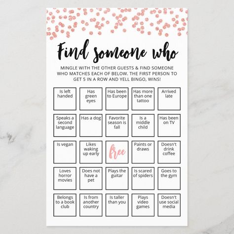 Editable Find Someone Who Game Bingo game Find Someone Who Game, Find The Guest Game, Game Bingo, Free Bingo Cards, Find The Guest, Green Tattoos, Confetti Design, Bingo Template, Primary Activities