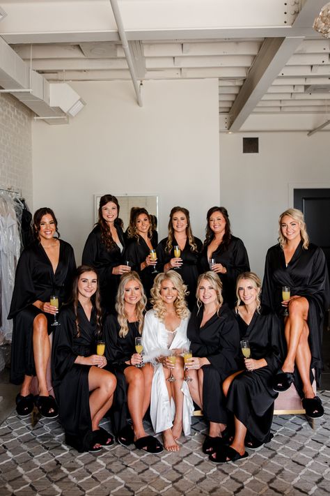 Stunning getting ready pictures of bride and bridesmaids wearing all matching black robes and slippers before this elegant The Monarch Wedding in Nashville, TN | John Myers Photography & Videography Get Ready Photos Wedding Bridal Parties, Bridesmaid Getting Ready Outfit Black, Black Bridesmaid Robes, Bridesmaids Getting Ready Pictures, Bridesmaid Photoshoot Before Wedding, Bride And Maid Of Honor Pictures, Maid Of Honor Pictures, Bridesmaid Robes Black, Monarch Wedding