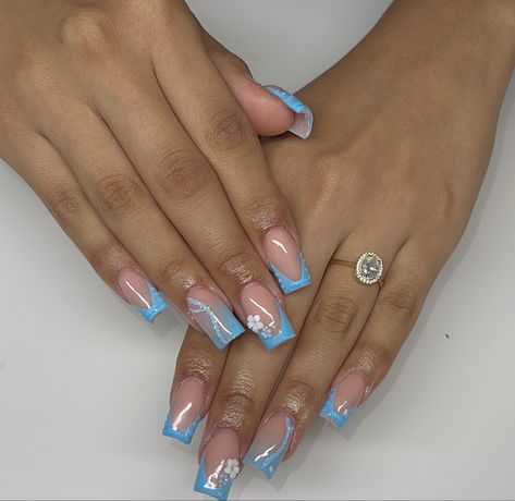 Light Blue French Tips With Design, Light Blue French Tip Acrylic Nails, Blue And White Nails With Initials, Light Blue Gel X Nails, Light Blue French Tip Nail Designs, Light Blue Nails With Design Short, Acrylic Light Blue Nails, Blue French Nails Short, Baby Blue Short Acrylic Nails