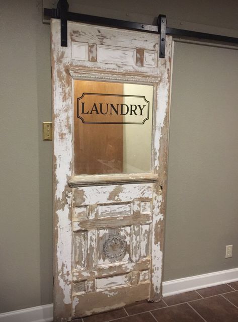 Sliding Laundry Door, Laundry Room Sliding Door Ideas, Laundry Room Window Ideas, Glass Door Laundry Room, Laundry Room Barn Door Ideas, Farmhouse Laundry Room Door, Laundry Doors Ideas, Cow Laundry Room Ideas, Double Barn Doors Laundry Room