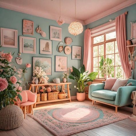 Pastel Cottagecore Living Room, Pastel Boho Living Room, Pastel Fireplace, Colorful Home Ideas, Aqua Room Ideas, Pastel Home Aesthetic, Pastel Apartment Aesthetic, Neutral Green Paint Colors, Pastel Living Room Ideas