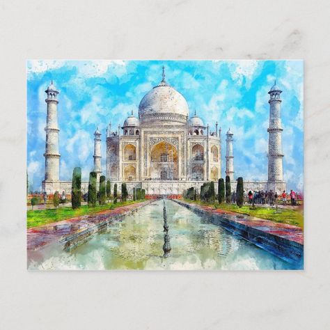 taj mahal watercolor painting postcard | Zazzle.com Taj Mahal Sketch, Taj Mahal Drawing, Taj Mahal Art, Painting Wood Paneling, Watercolor Architecture, Painting Wood, Architecture Drawing Art, Metal Hanger, Indian Art Paintings