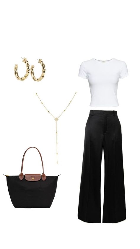 outfit avec pantalon de tailleur noir sac Longchamp haut blanc Pant Wedding Outfit Guest, Outfit Pantalon Noir, Outfit Pantalon, Movie Outfit, Elegant Trousers, Hijabi Fits, Movies Outfit, Pantalon Large, Wedding Guest Outfit