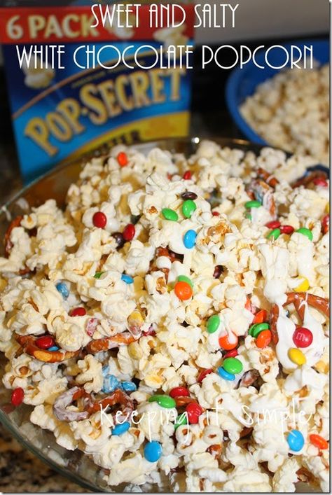 Popcorn Pretzels M&ms White Chocolate, Popcorn And M&ms, White Chocolate Popcorn Mix, Watching Movies Together, White Chocolate Popcorn, Salty Popcorn, Popcorn Mix, Sweet Popcorn, Snack Mixes