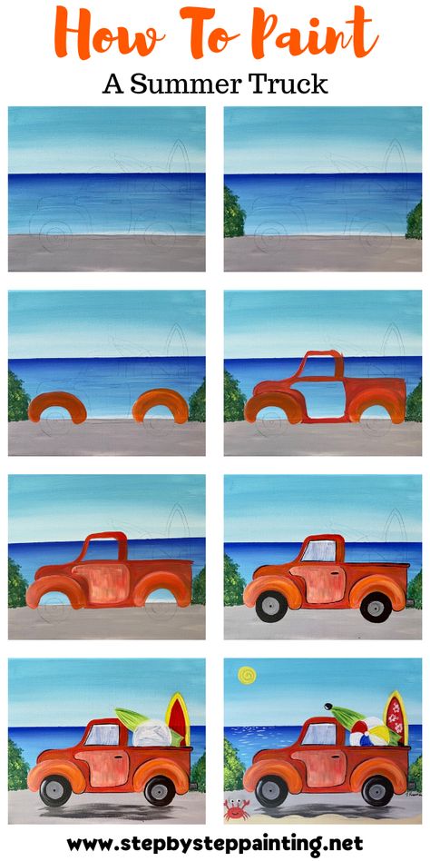 Summer Truck Painting - Step By Step Painting Learn how to paint a summer theme truck step by step with acrylics on canvas. Truck Painting, Teal Pumpkin, Canvas For Beginners, Truck Paint, Pumpkin Truck, Canvas Painting Tutorials, Cute Canvas Paintings, Easy Canvas Art, Summer Painting