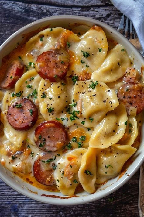 Crockpot Pierogi Casserole with Kielbasa - That Oven Feelin Crockpot Pierogi Casserole, Pierogi Casserole With Kielbasa, Crockpot Foods, Pierogi Casserole, Kielbasa Recipes, Kielbasa, Recipes Crockpot, Crockpot Recipes Slow Cooker, Pot Meals