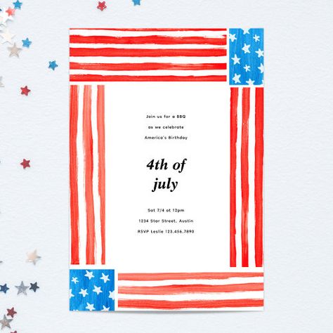 Painted Independence 4th of July Party Independence Party - 4th of july, party, american, flag, border, watercolor, modern, patriotic, red white and blue, printable House Warming Party Invites, American Buffet, 4th Of July Clipart, Blue Fireworks, America Birthday, Summer Party Invitations, Black Typography, Free Invitation Templates, Holiday Party Invitations