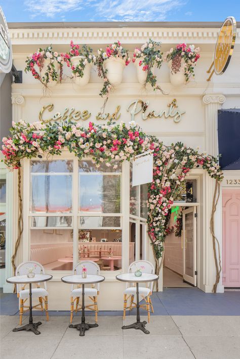 Flower Shop Outside Design, Bakery Photo Op Wall, Girly Cafe Interior, Floral Bakery Interior, Paris Cafe Exterior, Coffee And Flower Shop Interiors, Flowers Store Design, Victorian Cafe Exterior, Floral And Coffee Shop