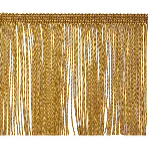 4" Chainette Fringe Trim Gold from @fabricdotcom  This  fringe is a beautiful finishing touch on pillows, draperies, costumes and more. It features a 3/8'' header and 4'' long fringe. Ostrich Feather Trim, Coupon Storage, Kim Deal, Sewing Embellishments, Long Fringes, Flapper Style, Beaded Fringe, Fringe Trim, Fabric Trim