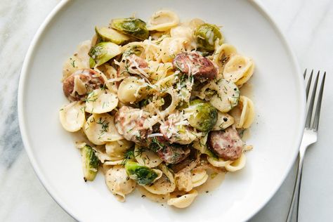 Choucroute Orecchiette With Brussels Sprouts and Bratwurst Fall Pasta, Bratwurst Recipes, Arugula Recipes, Sausage Spinach, Pork And Cabbage, Cold Pasta Salad, Easy Pasta Dishes, Small Pasta, Nyt Cooking