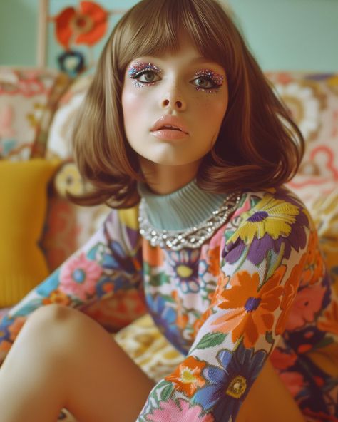 Let’s get groovy 🌸✌🏻 Travel back in time with me today and enjoy some flower power fashion 🥰 Sometimes I think I was born in the wrong time period 🤭 I love everything sixties and especially all the amazing patterns and hairstyles! This set was so much fun to work on and I hope you enjoy it too 💖 Inspired by the amazing Twiggy makeup looks of @creative_by_sabina 💄💋 Go check out her profile! #sprinkleofai #aifashion #fashion #sixties #60s #retro #vintage #vintagestyle #vintagefashion #re... 60s Flower Power Makeup, Retro Model Photography, 60s Art Vintage, 70s Portrait, Modern 60s Fashion, Flower Power Outfit, 60s Bands, 60s Photoshoot, 60's Hair