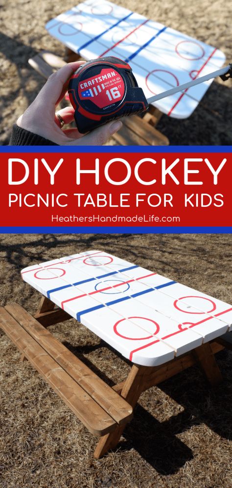 DIY Hockey Picnic Table with CRAFTSMAN® {Heather's Handmade Life } #hockey #DIYhockey #hockeymom #hockeylife #picnictable #DIY #woodworking Table Hockey Game Diy, Hockey Diy, Hockey Birthday Parties, Hockey Crafts, Hockey Room, Hockey Party, Hockey Birthday, Hockey Kids, Diy Socks