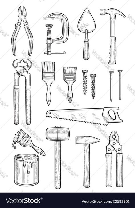 Repair tool sketch for construction and carpentry vector image on VectorStock#tattoo #tattooequipment #tattoomachine Hammer Drawing, Hammer Tattoo, Handyman Logo, Instrument Design, Tool Tattoo, Tattoo Equipment, Object Drawing, Industrial Design Sketch, Wall Drawing